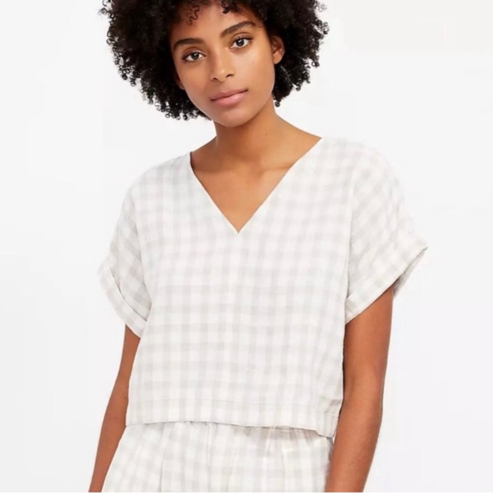 Lou & Grey Womens Medium Brown Beige Checked 100% Linen V Neck